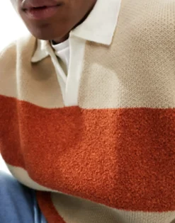 Design Knitted Relaxed Rugby Striped Boucle Jumper In Orange And White