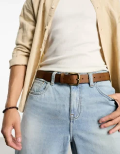 Design Leather Belt With Burnished Gold Buckle In Vintage