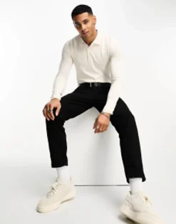 Design Long Sleeve Muscle Fit Polo In Cream