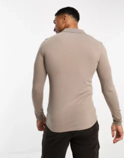 Design Long Sleeve Muscle Fit Polo In Brown