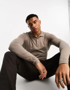Design Long Sleeve Muscle Fit Polo In Brown
