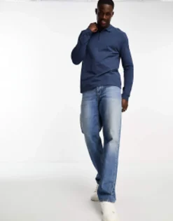 Design Long Sleeve Pique Polo In Navy