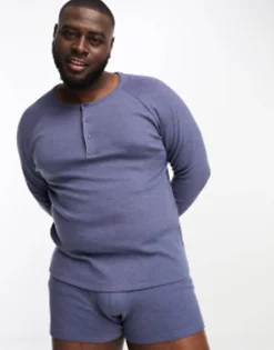 Design Loungewear Set With Long Sleeve Top And Trunks In Waffle