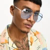 Design Metal Aviator Sunglasses With Laid On Blue Lens In
