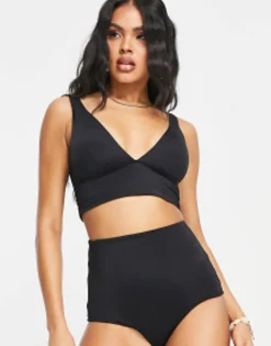 Design Mix And Match Deep Band Side Ruched Crop Bikini Top In