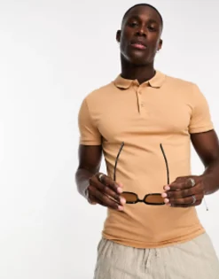 Design Muscle Fit Polo Shirt In Tan