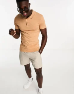 Design Muscle Fit Polo Shirt In Tan