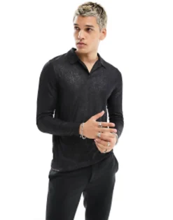 Design Muscle Long Sleeve Polo In Glitter Rib With Revere Collar