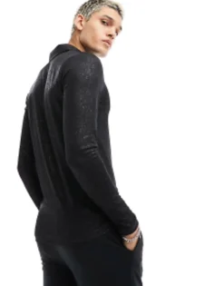 Design Muscle Long Sleeve Polo In Glitter Rib With Revere Collar