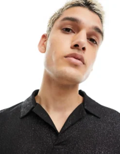 Design Muscle Long Sleeve Polo In Glitter Rib With Revere Collar