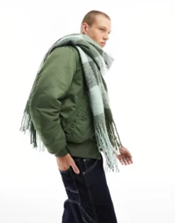 Design Oversized Fluffy Scarf In Green Check