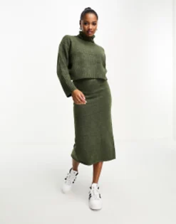 Design Petite Boxy Jumper In Rib With Roll Neck & Midi Skirt Co Ord In Khak