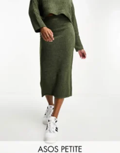 Design Petite Boxy Jumper In Rib With Roll Neck & Midi Skirt Co Ord In Khak