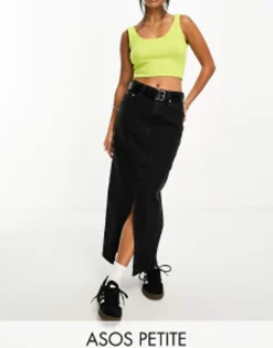 Design Petite Denim Midi Skirt With Split Hem In Washed
