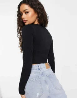 Design Petite Fitted Crop T-Shirt With Long Sleeve In