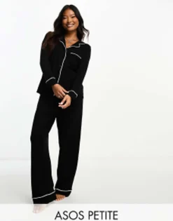 Design Petite Viscose Long Sleeve Shirt & Trouser Pyjama Set With Contrast Piping In