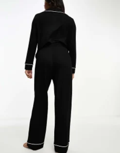 Design Petite Viscose Long Sleeve Shirt & Trouser Pyjama Set With Contrast Piping In