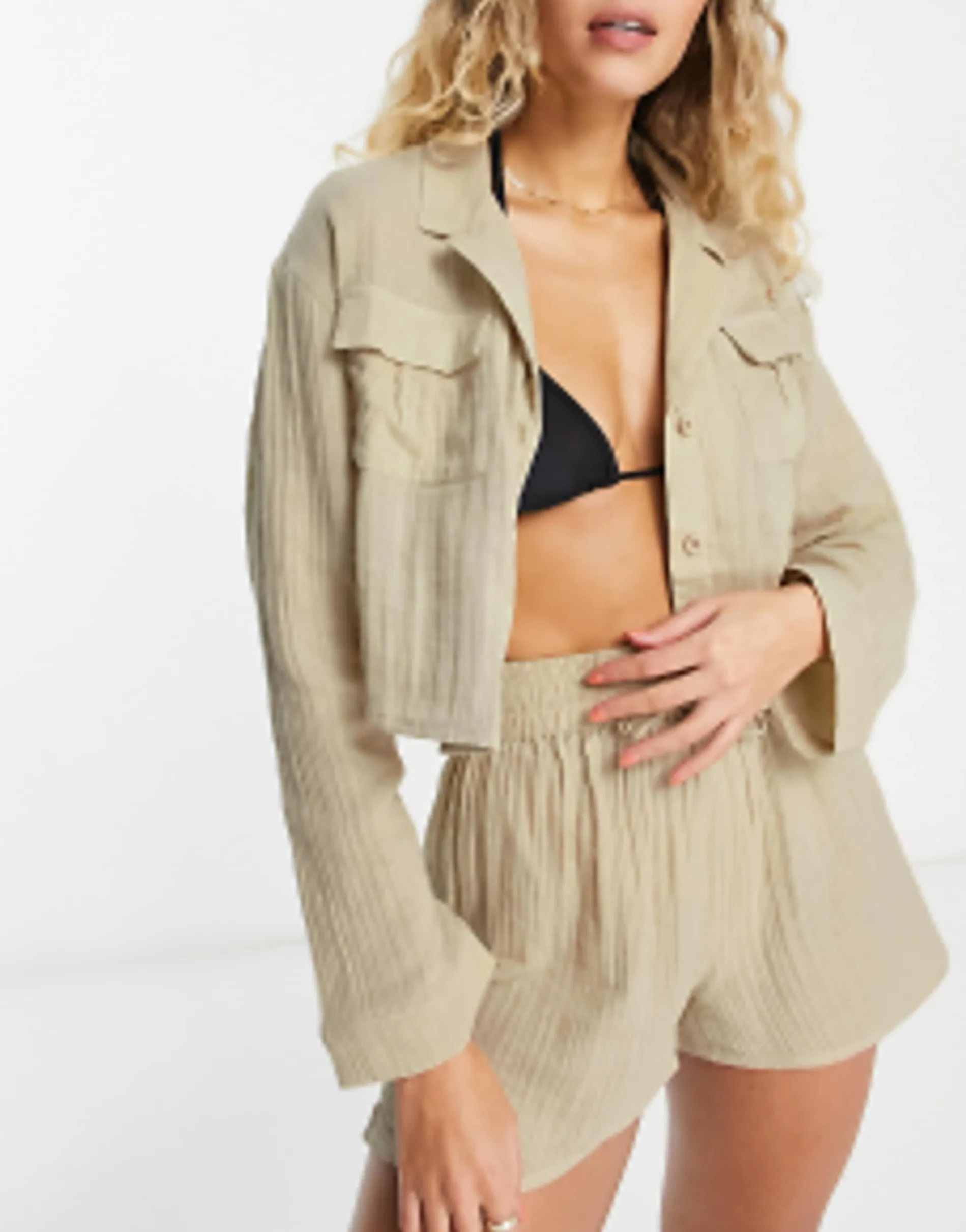 Design Pocket Oversized Beach Co Ord In Double Gauze In Oatmeal