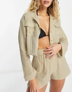 Design Pocket Oversized Beach Co Ord In Double Gauze In Oatmeal