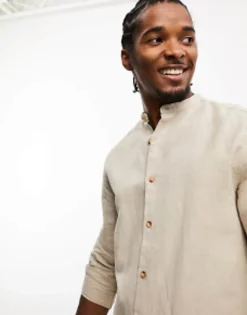 Design Regular Shirt In Linen With Grandad Collar In