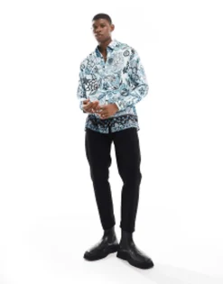 Design Relaxed Satin Shirt In Floral Border Print