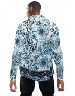 Design Relaxed Satin Shirt In Floral Border Print