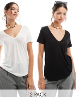 Design Relaxed V Neck T-Shirt In 2 Pack In Black And White