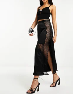 Design Satin Midi Slip Skirt With Lace Inserts In