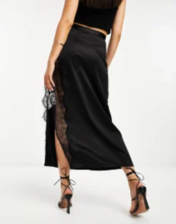 Design Satin Midi Slip Skirt With Lace Inserts In