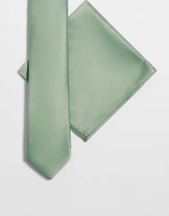Design Satin Slim Tie And Pocket Square In Sage Green