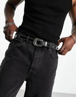 Design Skinny Faux Leather Belt With Star Studs In