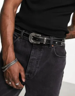 Design Skinny Faux Leather Belt With Star Studs In