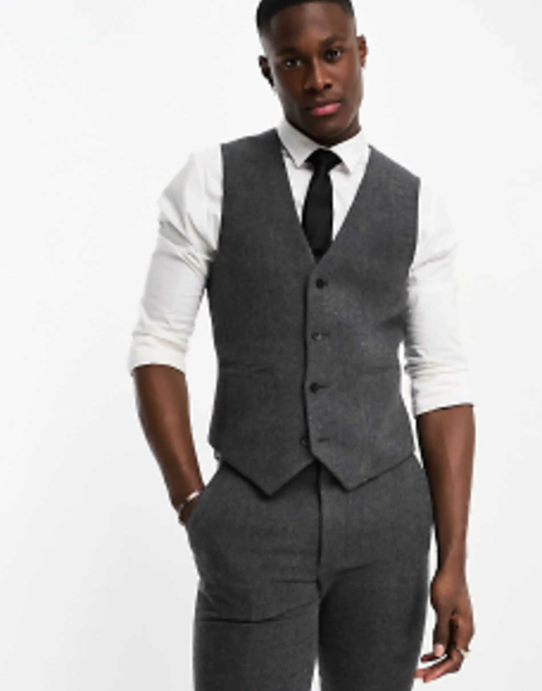 Design Skinny Wool Mix Suit In Herringbone In Charcoal