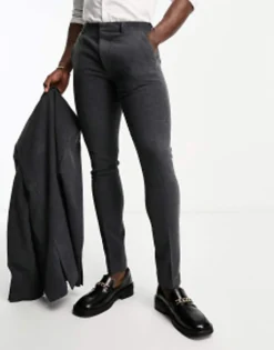 Design Skinny Wool Mix Suit In Herringbone In Charcoal