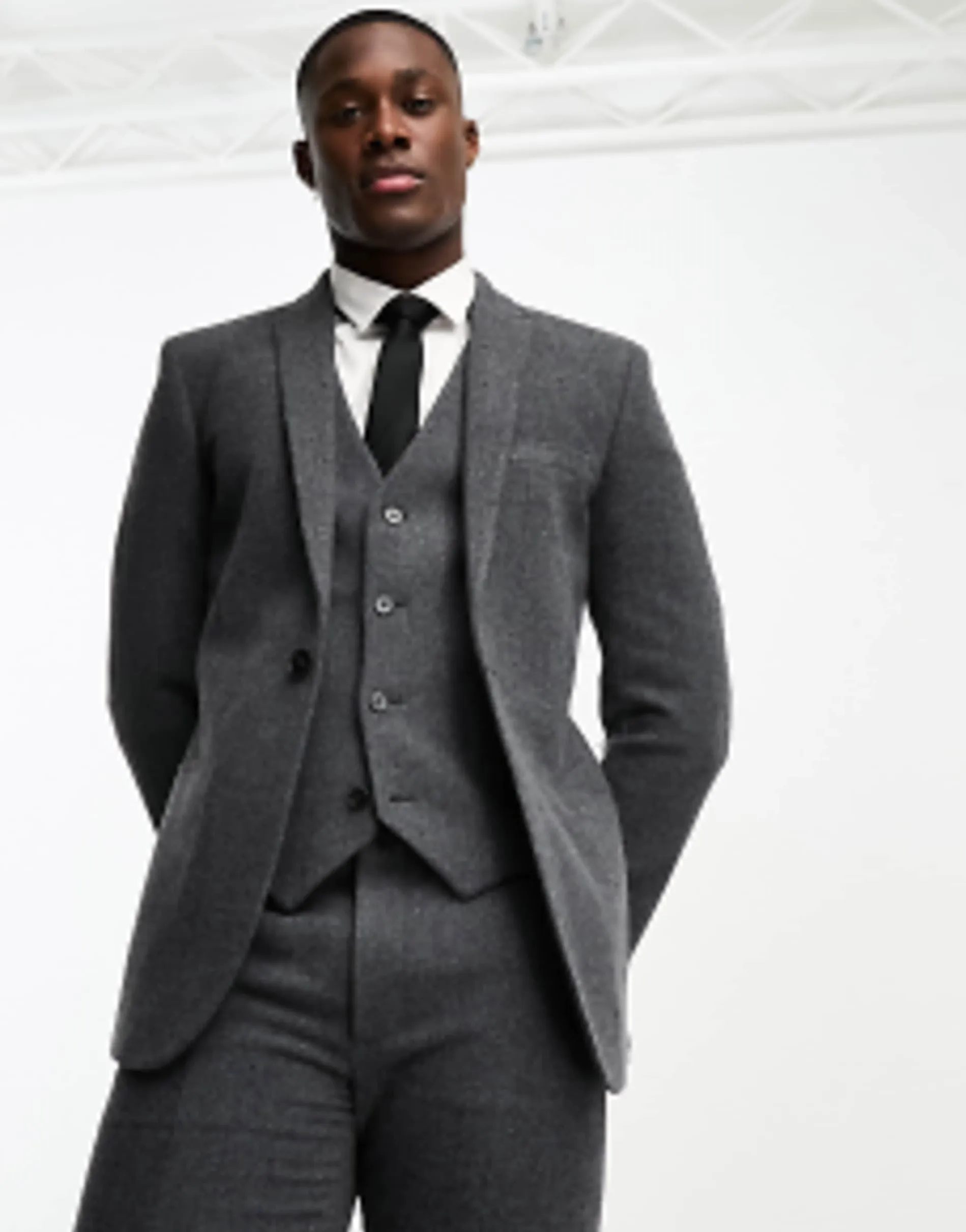 Design Skinny Wool Mix Suit In Herringbone In Charcoal
