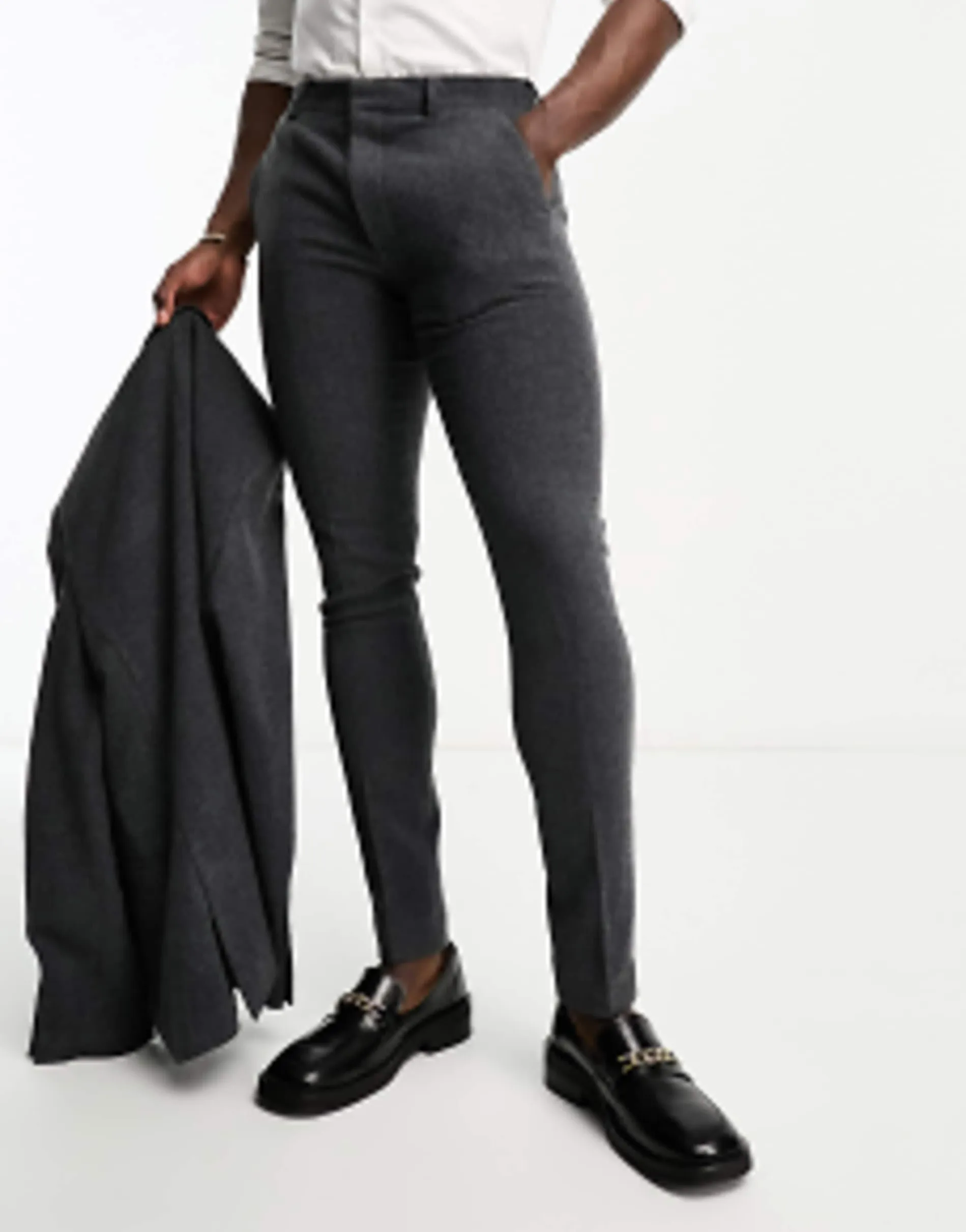 Design Skinny Wool Mix Suit In Herringbone In Charcoal