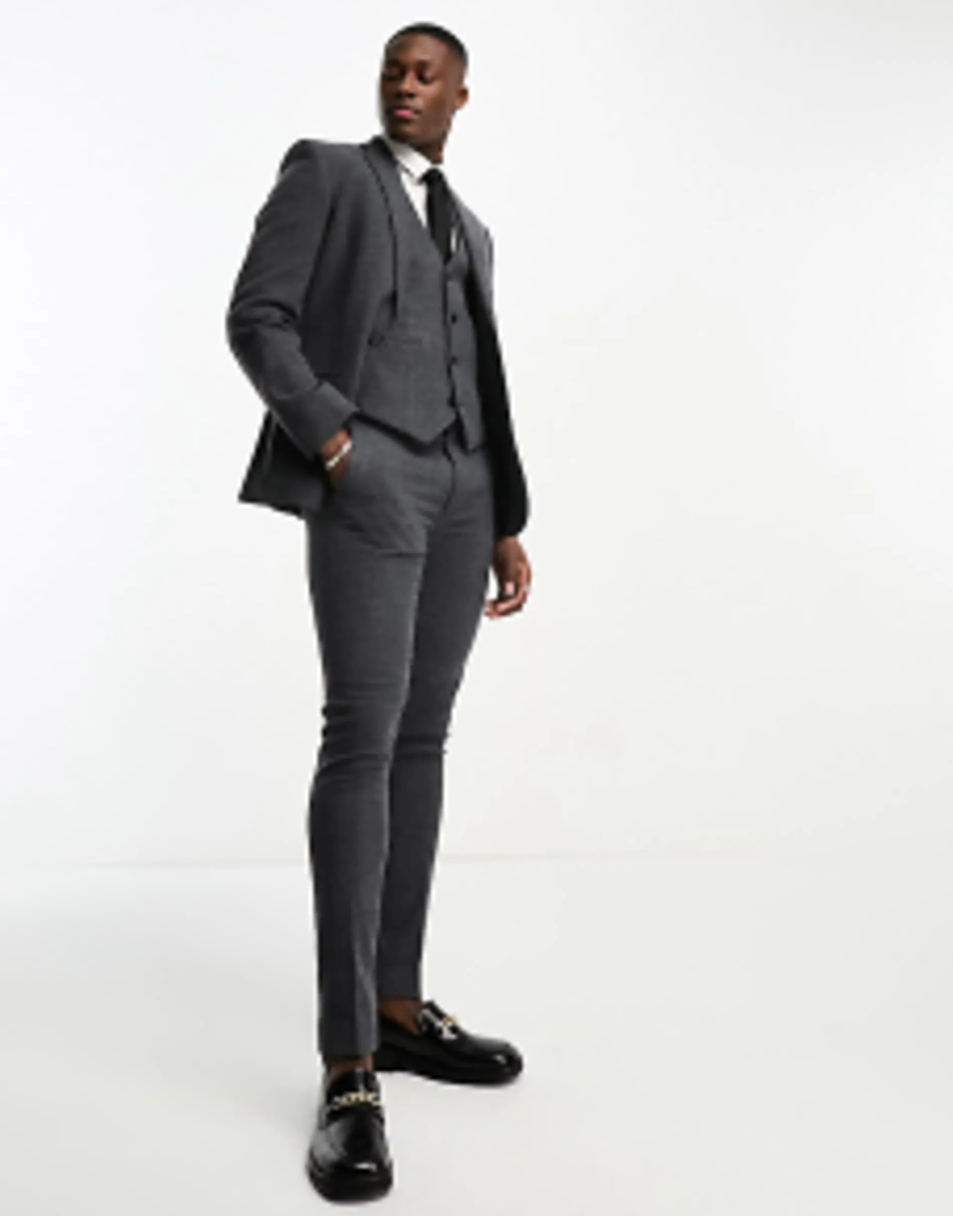Design Skinny Wool Mix Suit In Herringbone In Charcoal