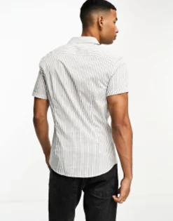 Design Slim Fit Short Sleeve Stripe Shirt In Black