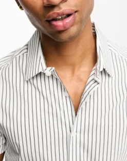 Design Slim Fit Short Sleeve Stripe Shirt In Black