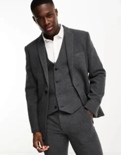 Design Slim Wool Mix Suit In Herringbone In Charcoal