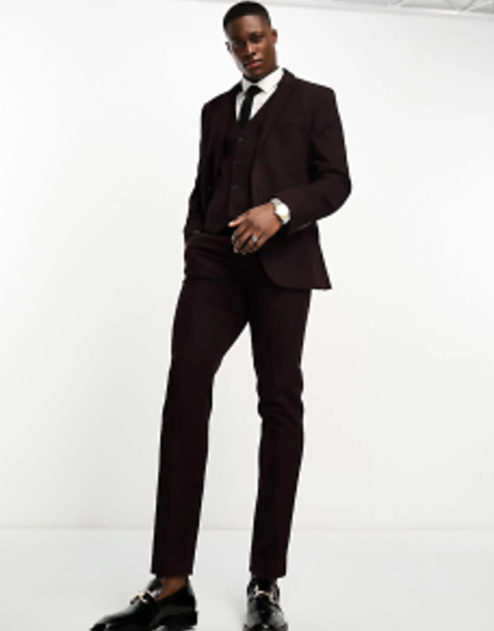 Design Slim Wool Mix Suit In Herringbone In Burgundy