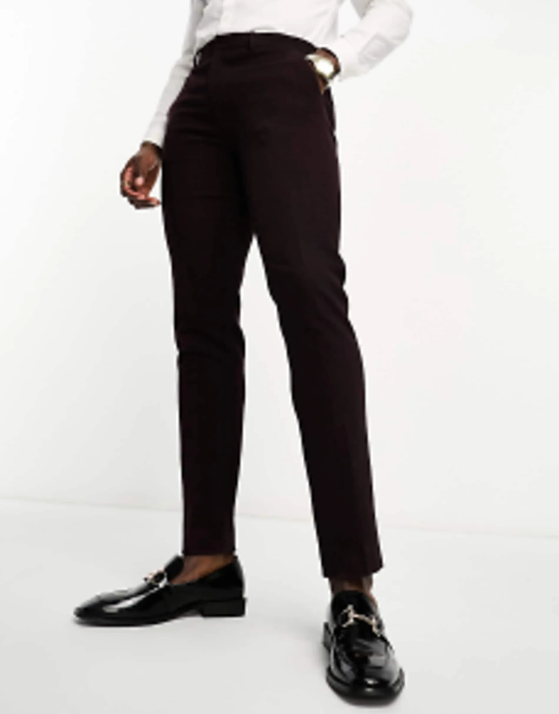 Design Slim Wool Mix Suit In Herringbone In Burgundy