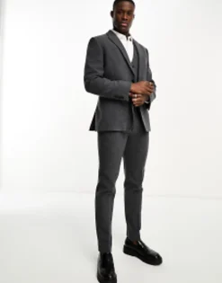 Design Slim Wool Mix Suit In Herringbone In Charcoal