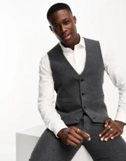 Design Slim Wool Mix Suit In Herringbone In Charcoal