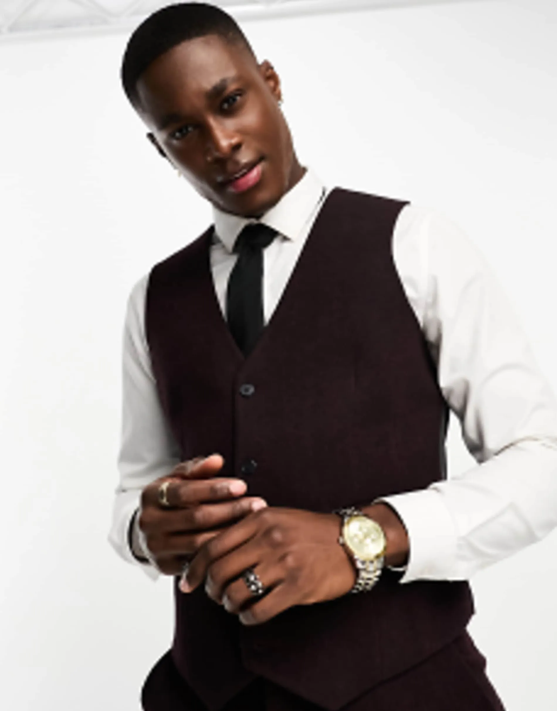 Design Slim Wool Mix Suit In Herringbone In Burgundy