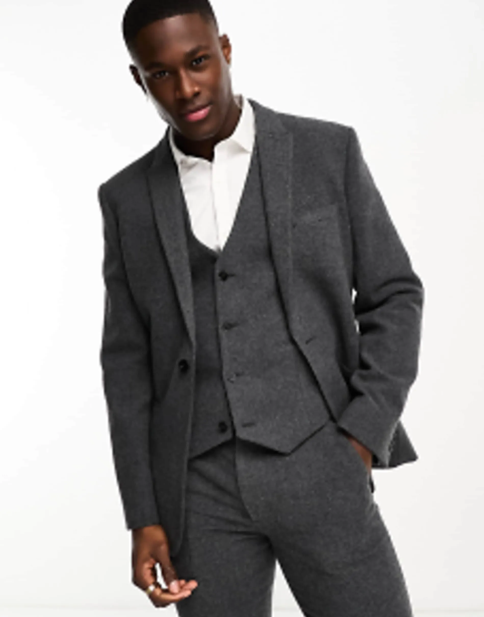 Design Slim Wool Mix Suit In Herringbone In Charcoal