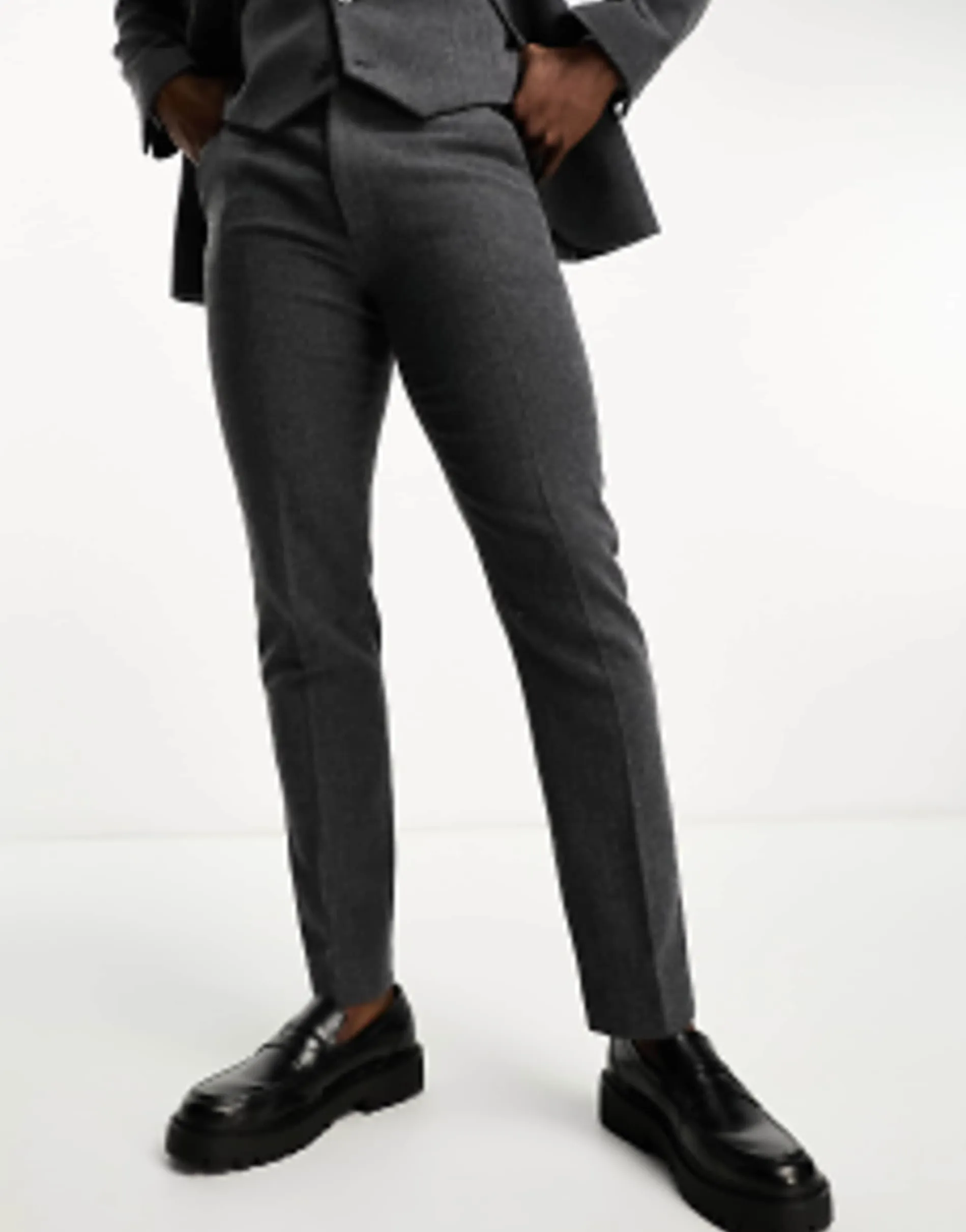 Design Slim Wool Mix Suit In Herringbone In Charcoal