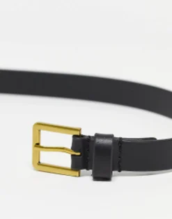 Design Smart Leather Skinny Belt With Gold Buckle In