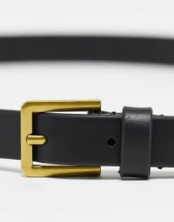 Design Smart Leather Skinny Belt With Gold Buckle In