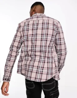 Design Stretch Slim Check Shirt In Stone And Black